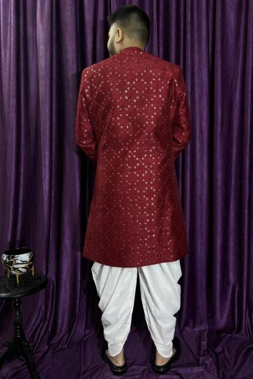 Maroon Gorgeous Silk Fabric Wedding Wear Readymade Peshawari Style Indo Western For Men