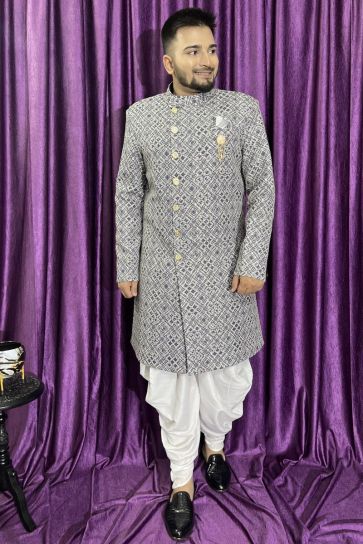 Cotton Stunning Grey Color Wedding Wear Readymade Men Peshawari Style Indo Western