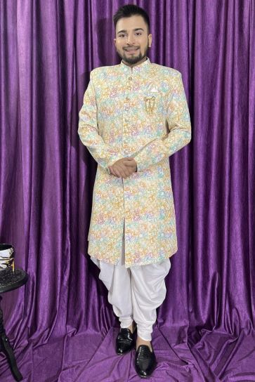 Cotton Cream Wedding Wear Readymade Lovely Peshawari Style Indo Western For Men