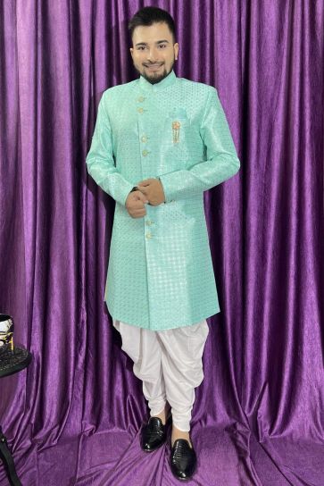 Pretty Silk Fabric Wedding Wear Readymade Men Peshawari Style Indo Western In Sea Green Color