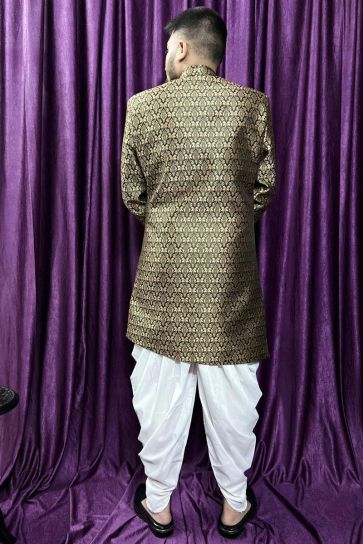 Beautiful Olive Color Wedding Wear Readymade Peshawari Style Indo Western For Men In Jacquard Fabric