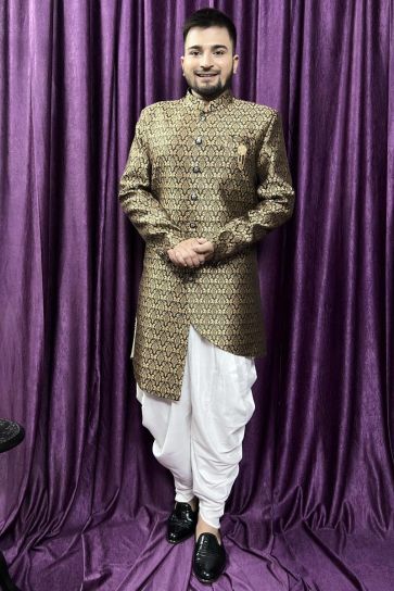 Beautiful Olive Color Wedding Wear Readymade Peshawari Style Indo Western For Men In Jacquard Fabric