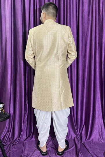 Silk Wedding Wear Attractive Readymade Men Peshawari Style Indo Western In Beige Color