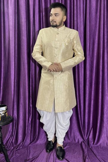 Silk Wedding Wear Attractive Readymade Men Peshawari Style Indo Western In Beige Color