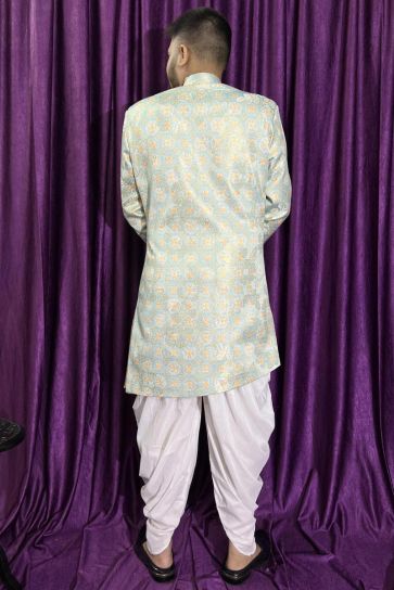 Light Blue Wedding Wear Readymade Glamorous Peshawari Style Indo Western For Men In Jacquard Fabric