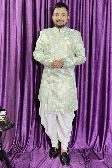 Light Blue Wedding Wear Readymade Glamorous Peshawari Style Indo Western For Men In Jacquard Fabric