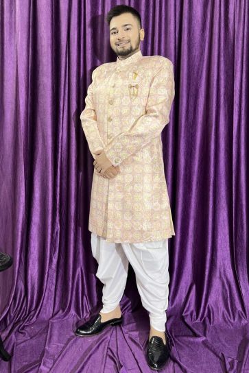 Peach Jacquard Fabric Graceful Readymade Men Peshawari Style Indo Western For Wedding Wear