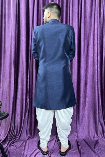 Blue Silk Fabric Magnificent Readymade Men Peshawari Style Indo Western For Wedding Wear