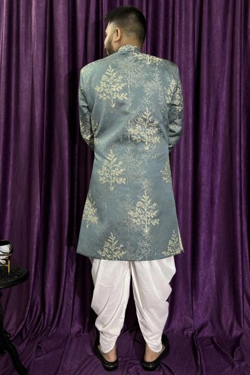 Jacquard Light Green Magnificent Readymade Men Peshawari Style Indo Western For Wedding Wear