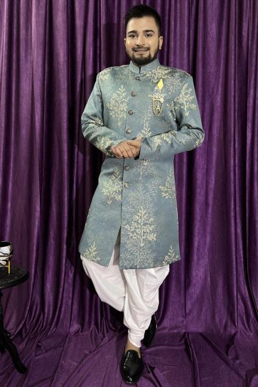 Jacquard Light Green Magnificent Readymade Men Peshawari Style Indo Western For Wedding Wear