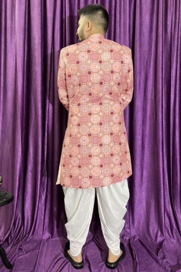 Pink Color Cotton Fabric Wedding Wear Designer Readymade Peshawari Style Indo Western For Men