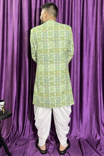 Cotton Fabric Green Color Wedding Wear Designer Readymade Peshawari Style Indo Western For Men