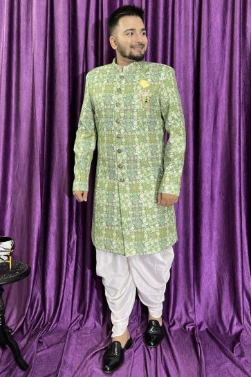 Cotton Fabric Green Color Wedding Wear Designer Readymade Peshawari Style Indo Western For Men