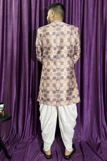 Peach Color Wedding Wear Silk Fabric Designer Readymade Peshawari Style Indo Western For Men