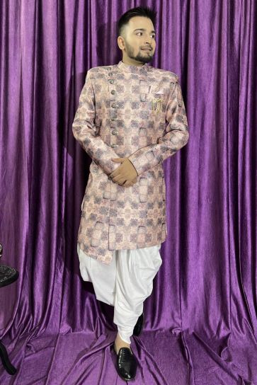 Peach Color Wedding Wear Silk Fabric Designer Readymade Peshawari Style Indo Western For Men