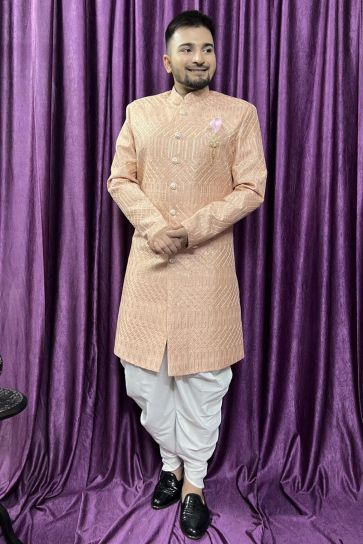 Wedding Wear Silk Fabric Designer Readymade Peshawari Style Indo Western For Men
