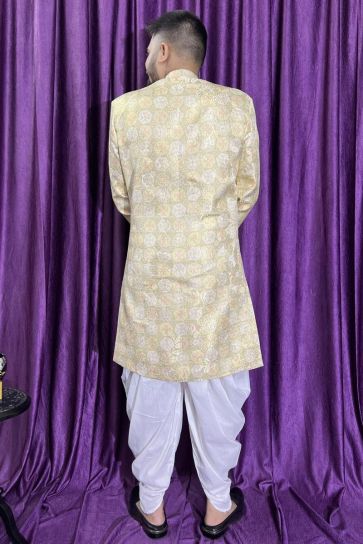 Wedding Wear Jacquard Fabric Designer Readymade Peshawari Style Indo Western For Men In Light Green Color