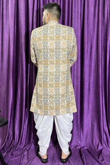 Cotton Fabric Designer Wedding Wear Readymade Peshawari Style Indo Western For Men In Brown Color