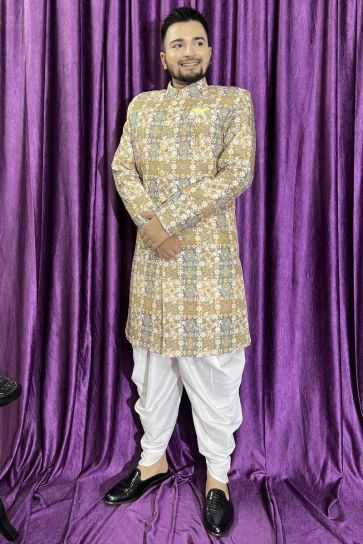 Cotton Fabric Designer Wedding Wear Readymade Peshawari Style Indo Western For Men In Brown Color