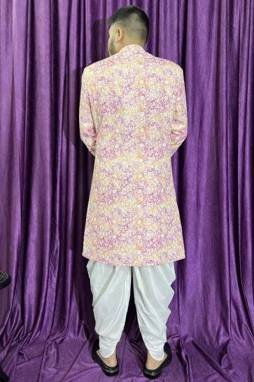 Wedding Wear Pink Color Cotton Fabric Readymade Peshawari Style Indo Western For Men