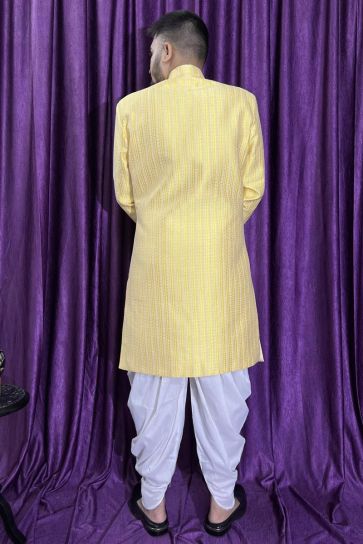 Men Yellow Color Wedding Wear Designer Readymade Peshawari Style Indo Western
