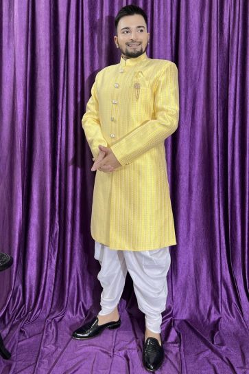 Men Yellow Color Wedding Wear Designer Readymade Peshawari Style Indo Western