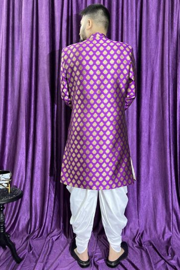 Purple Color Jacquard Fabric Wedding Wear Readymade Peshawari Style Indo Western For Men