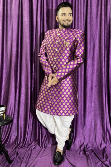 Purple Color Jacquard Fabric Wedding Wear Readymade Peshawari Style Indo Western For Men