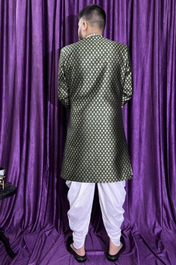 Jacquard Fabric Green Color Designer Readymade Peshawari Style Indo Western For Men