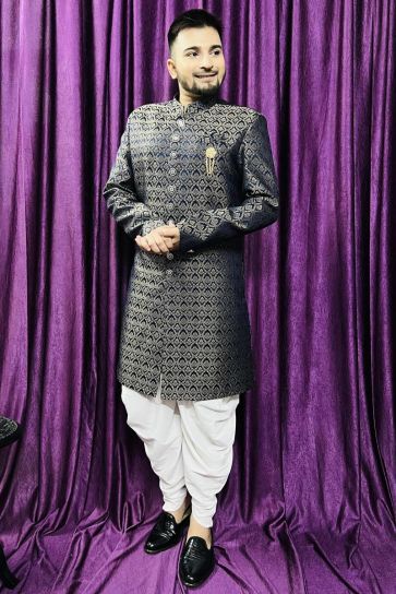 Mens Wedding Wear Blue Color Readymade Peshawari Style Indo Western In Jacquard Fabric