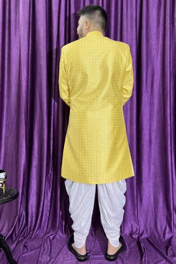 Men Wedding Wear Designer Readymade Peshawari Style Yellow Color Indo Western