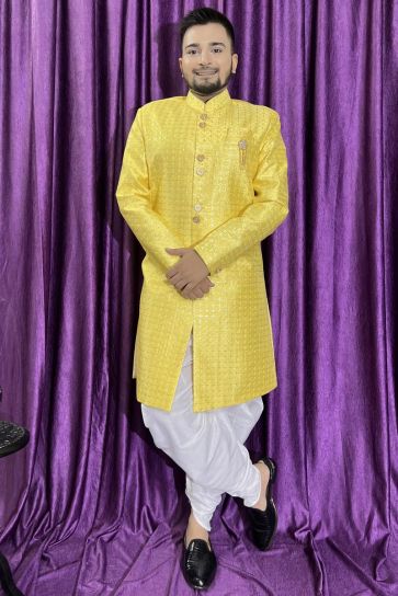 Men Wedding Wear Designer Readymade Peshawari Style Yellow Color Indo Western