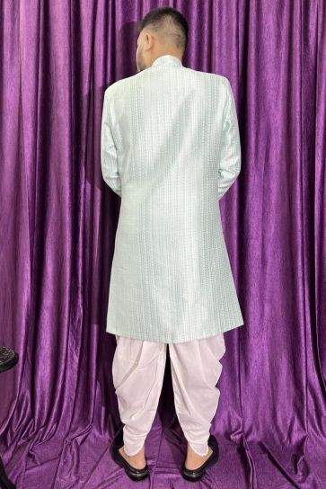Sky Blue Color Designer Jacquard Fabric Wedding Wear Readymade Peshawari Style Indo Western For Men