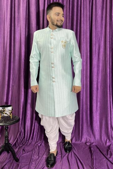 Sky Blue Color Designer Jacquard Fabric Wedding Wear Readymade Peshawari Style Indo Western For Men