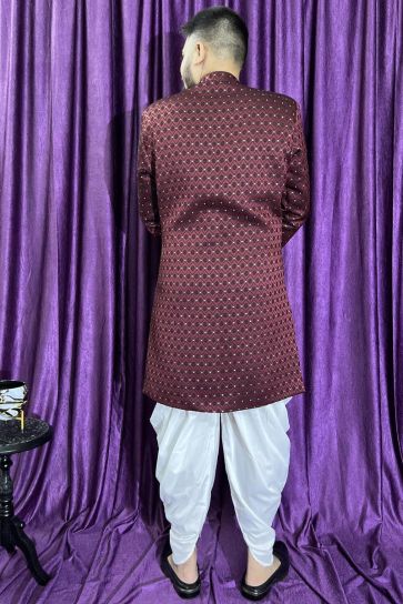Reception Wear Maroon Color Fancy Jacquard Fabric Readymade Peshawari Style Indo Western For Men