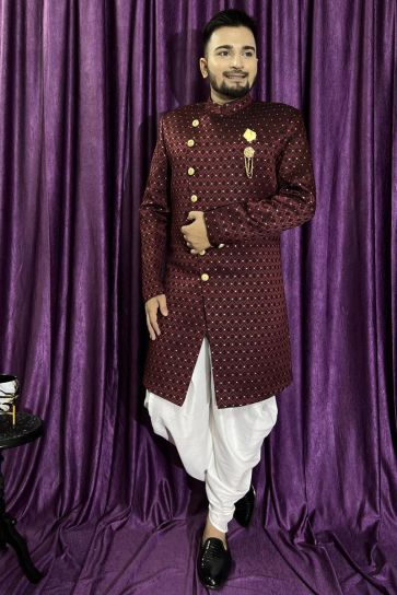 Reception Wear Maroon Color Fancy Jacquard Fabric Readymade Peshawari Style Indo Western For Men
