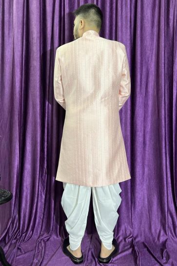 Pink Color Jacquard Fabric Wedding Wear Readymade Designer Peshawari Style Indo Western For Men