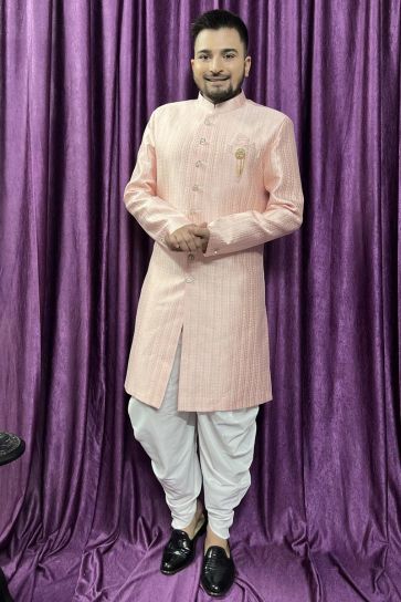 Pink Color Jacquard Fabric Wedding Wear Readymade Designer Peshawari Style Indo Western For Men