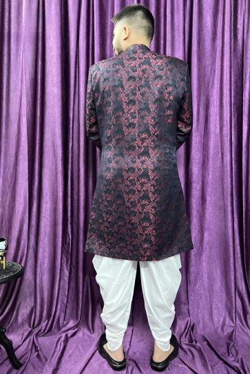 Jacquard Fabric Maroon Color Wedding Wear Fancy Readymade Peshawari Style Indo Western For Men