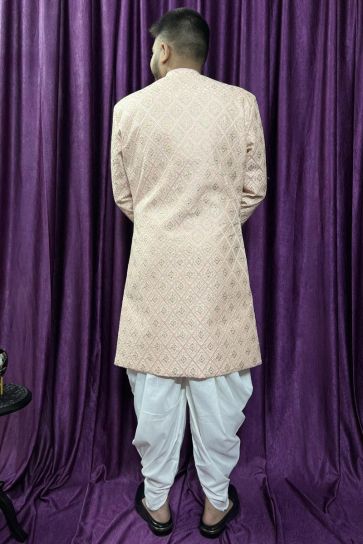 Peach Color Reception Wear Silk Fabric Readymade Stylish Peshawari Style Indo Western For Men