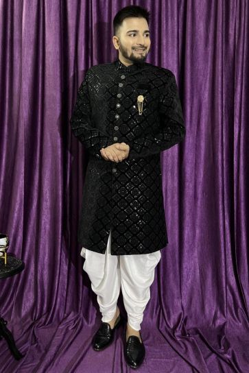 Wedding Wear Velvet Fabric Readymade Black Color Peshawari Style Indo Western For Men