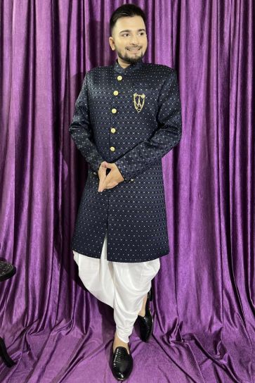 Mens Wedding Function Readymade Navy Blue Color Peshawari Style Indo Western In Jacquard Fabric