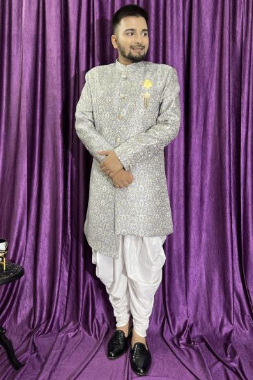 Grey Color Jacquard Fabric Wedding Wear Readymade Men Peshawari Style Indo Western