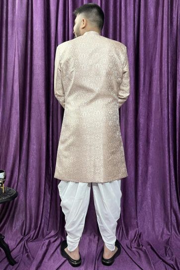 Jacquard Fabric Pink Color Wedding Wear Readymade Men Peshawari Style Indo Western 