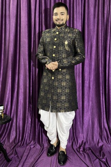 Navy Blue Gorgeous Jacquard Fabric Reception Wear Readymade Peshawari Style Indo Western For Men