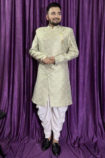 Jacquard Stunning Olive Color Wedding Wear Readymade Men Peshawari Style Indo Western
