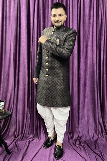 Jacquard Dark Green Wedding Wear Readymade Lovely Peshawari Style Indo Western For Men