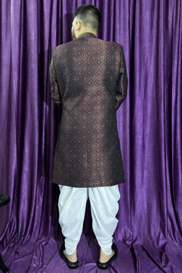 Pretty Jacquard Fabric Reception Wear Readymade Men Peshawari Style Indo Western In Maroon Color
