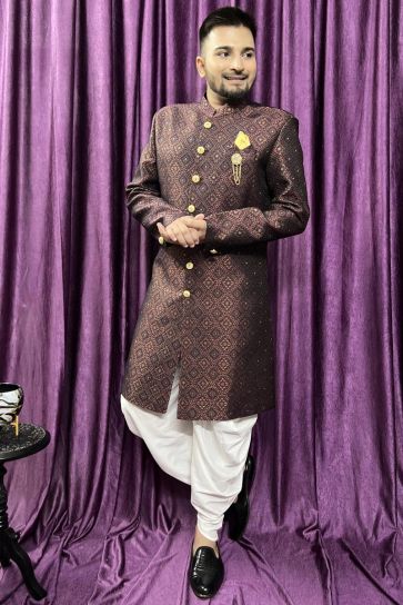 Pretty Jacquard Fabric Reception Wear Readymade Men Peshawari Style Indo Western In Maroon Color