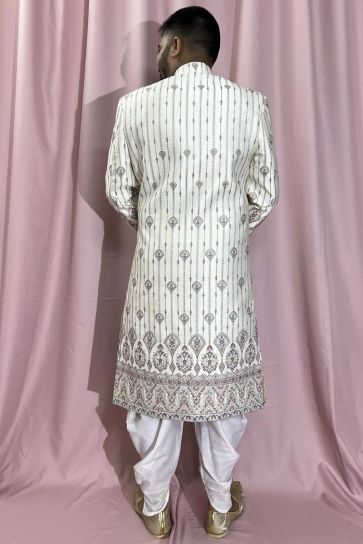 Cream Color Silk Fabric Heavy Embroidered Wedding Wear Designer Readymade Sherwani For Men